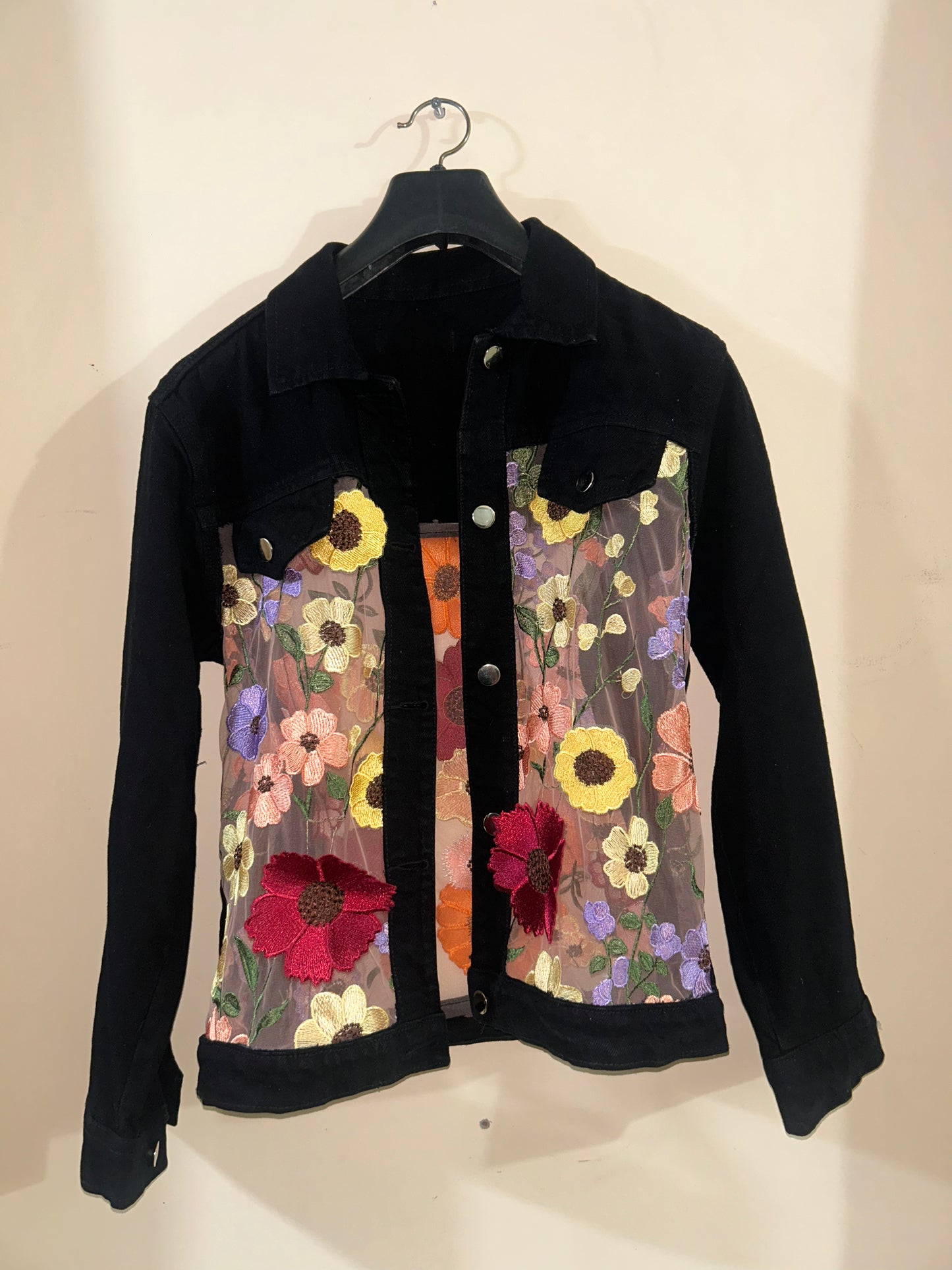 Black Denim & Peach Floral Jacket