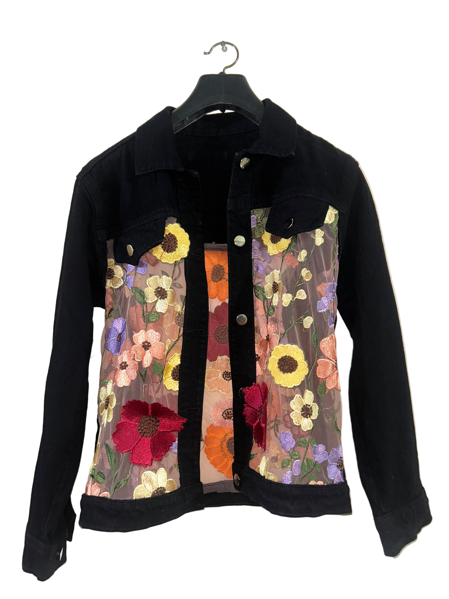 Black Denim & Peach Floral Jacket