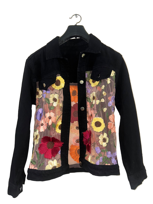 Black Denim & Peach Floral Jacket