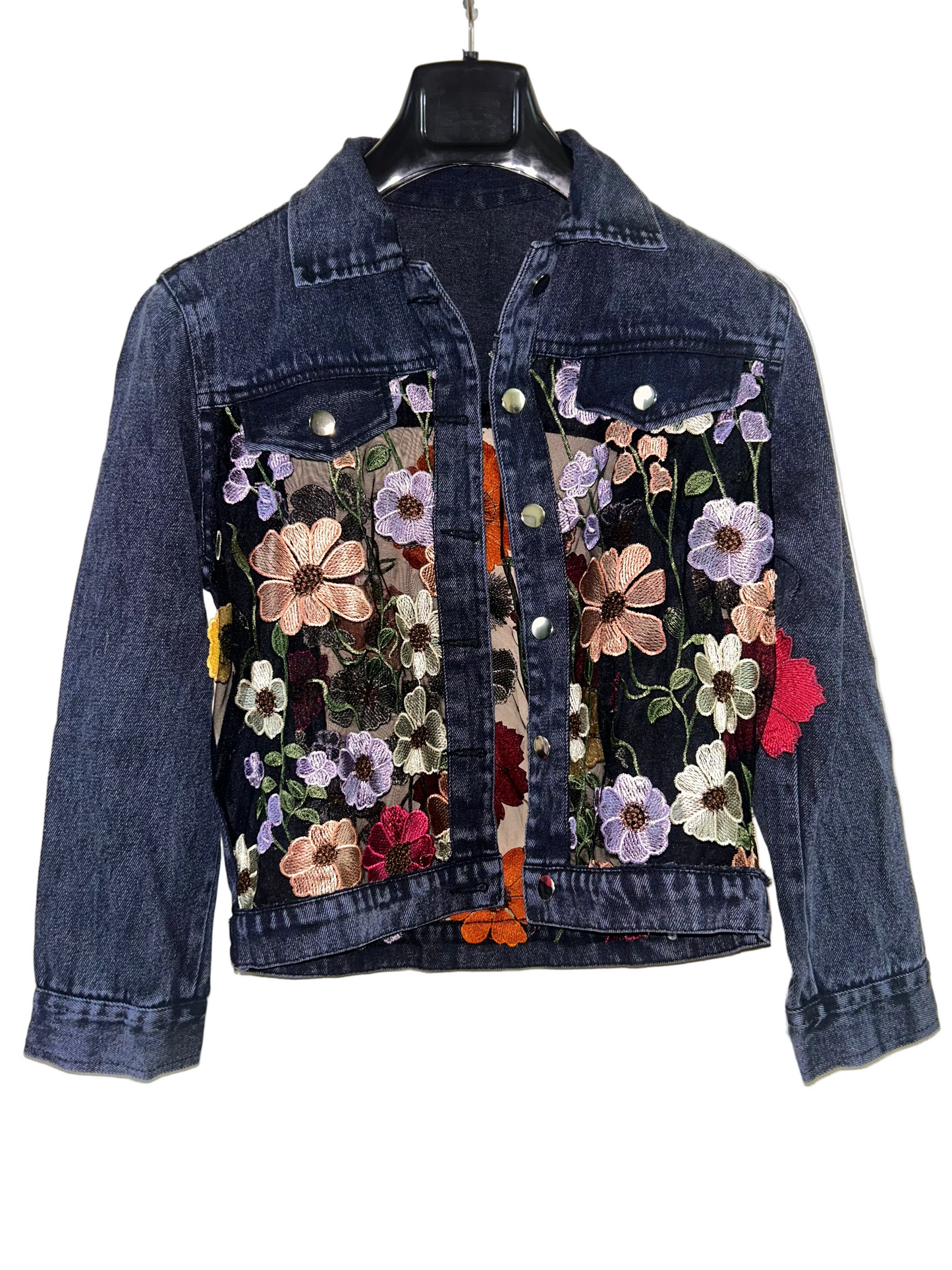 Chic Floral Mesh Denim Jacket