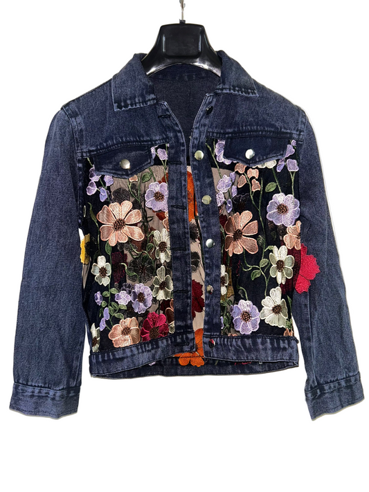 Chic Floral Mesh Denim Jacket
