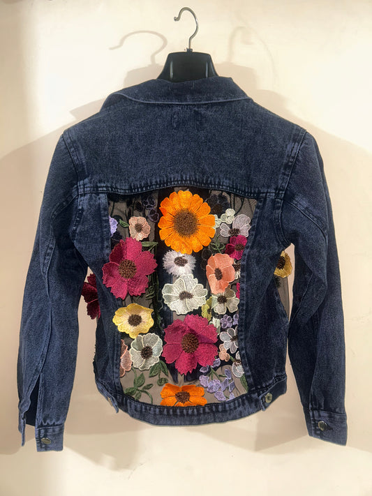 Chic Floral Mesh Denim Jacket