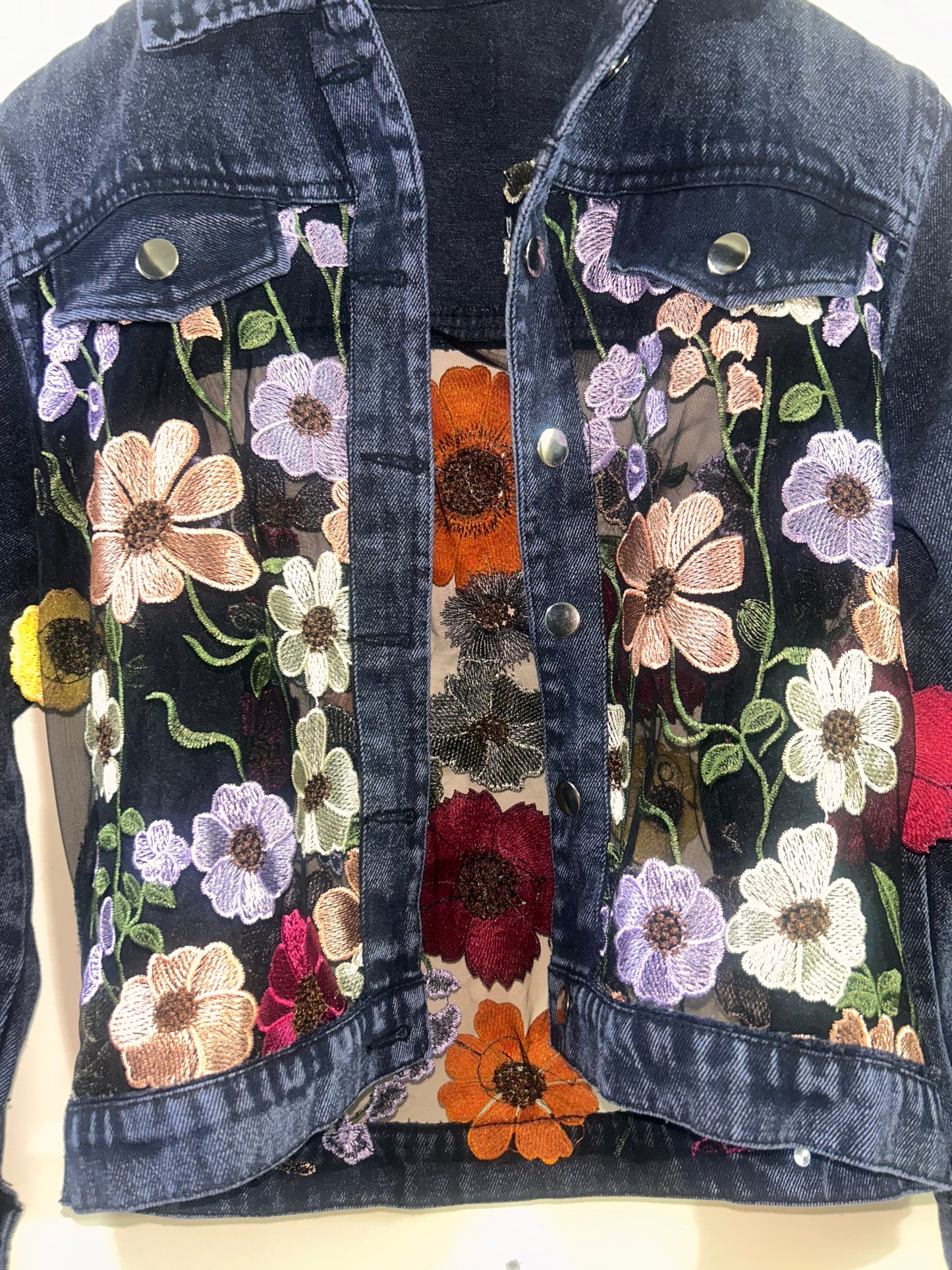 Chic Floral Mesh Denim Jacket